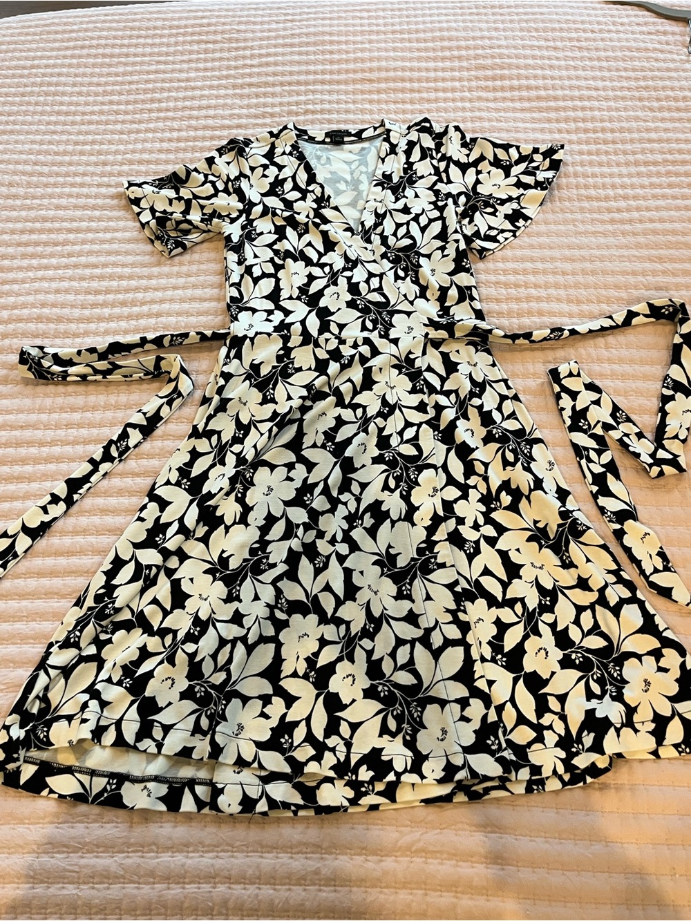 Ann Taylor Black & Cream Floral Wrap Dress